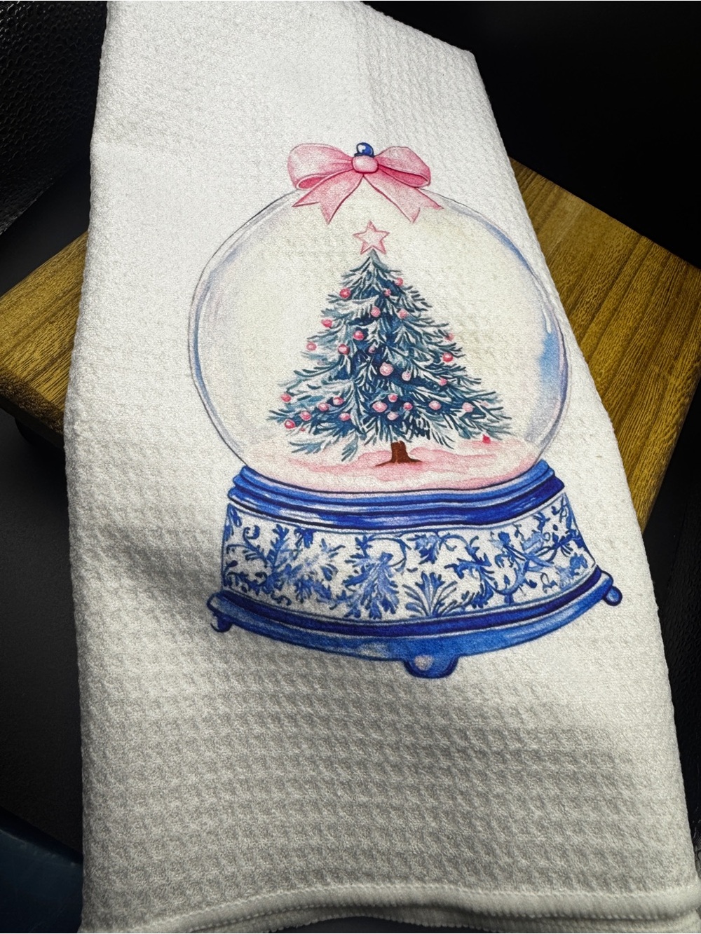 Festive Snow Globe Waffle Weave Kitchen Towel - Pink & Blue Tree Motif